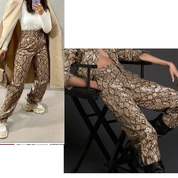 Zara Snake Print Faux Leather Pants Sand Brown High Waist Sz S - Picture 4 of 17